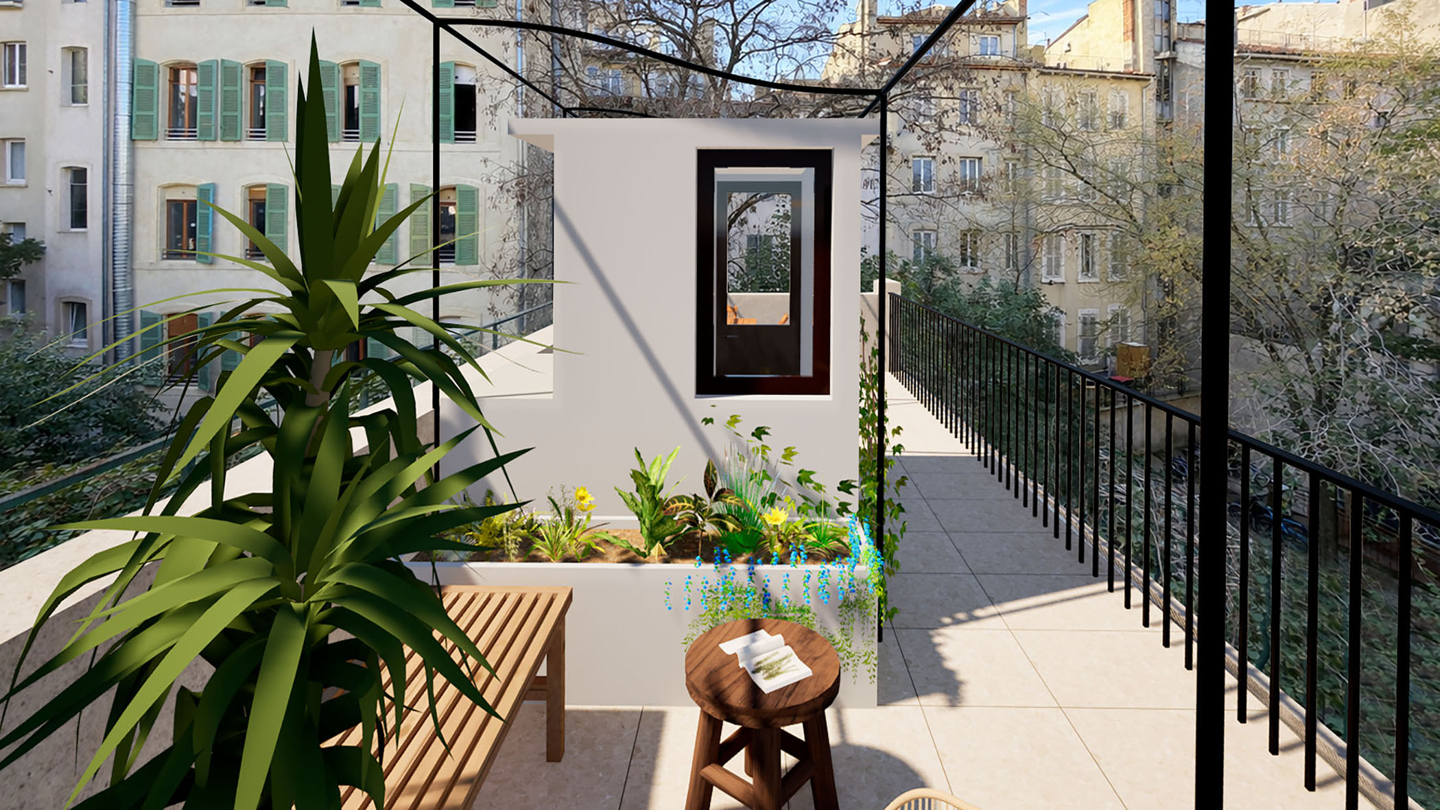 Terrasse plantée de la petite maison